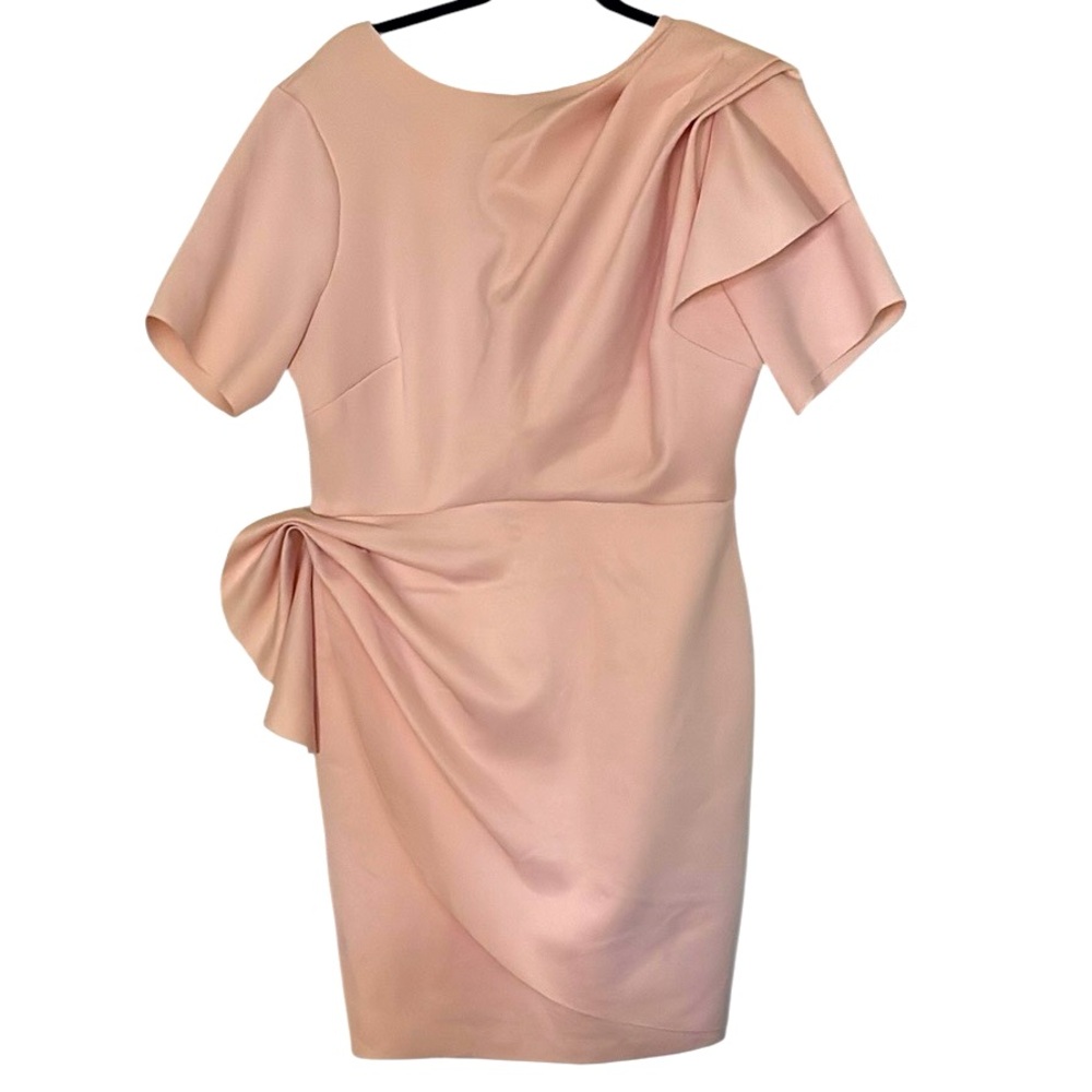 River Island Pink Frill Dress, peplum trim at waist and shoulder, “raw” edges,14